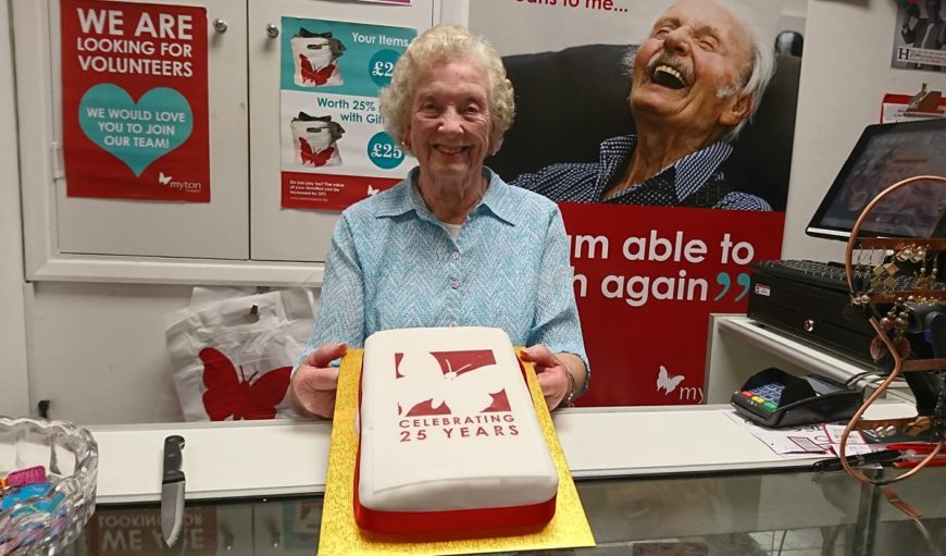 Warwick Street, Leamington Spa celebrated its 25th birthday on 11th May 2017 and we spoke to 89 year old Vera Oughton who has been a volunteer at the shop since it first opened in 1992.