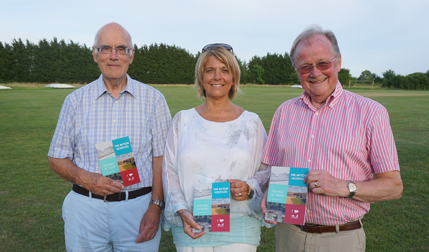 The Myton Hospices book - Author Micheal Jeffs - Myton CEO Ruth Freeman - Myton Chair of Trustees Noel Hunter
