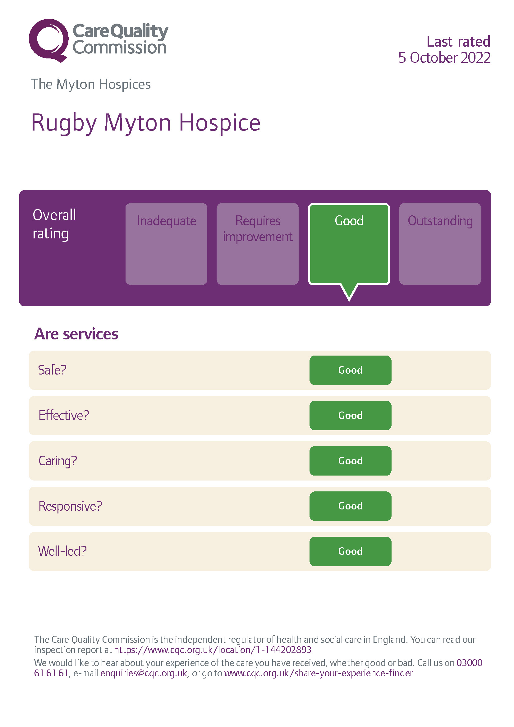 The Myton Hospices - Rugby Myton Hospice CQC Rating