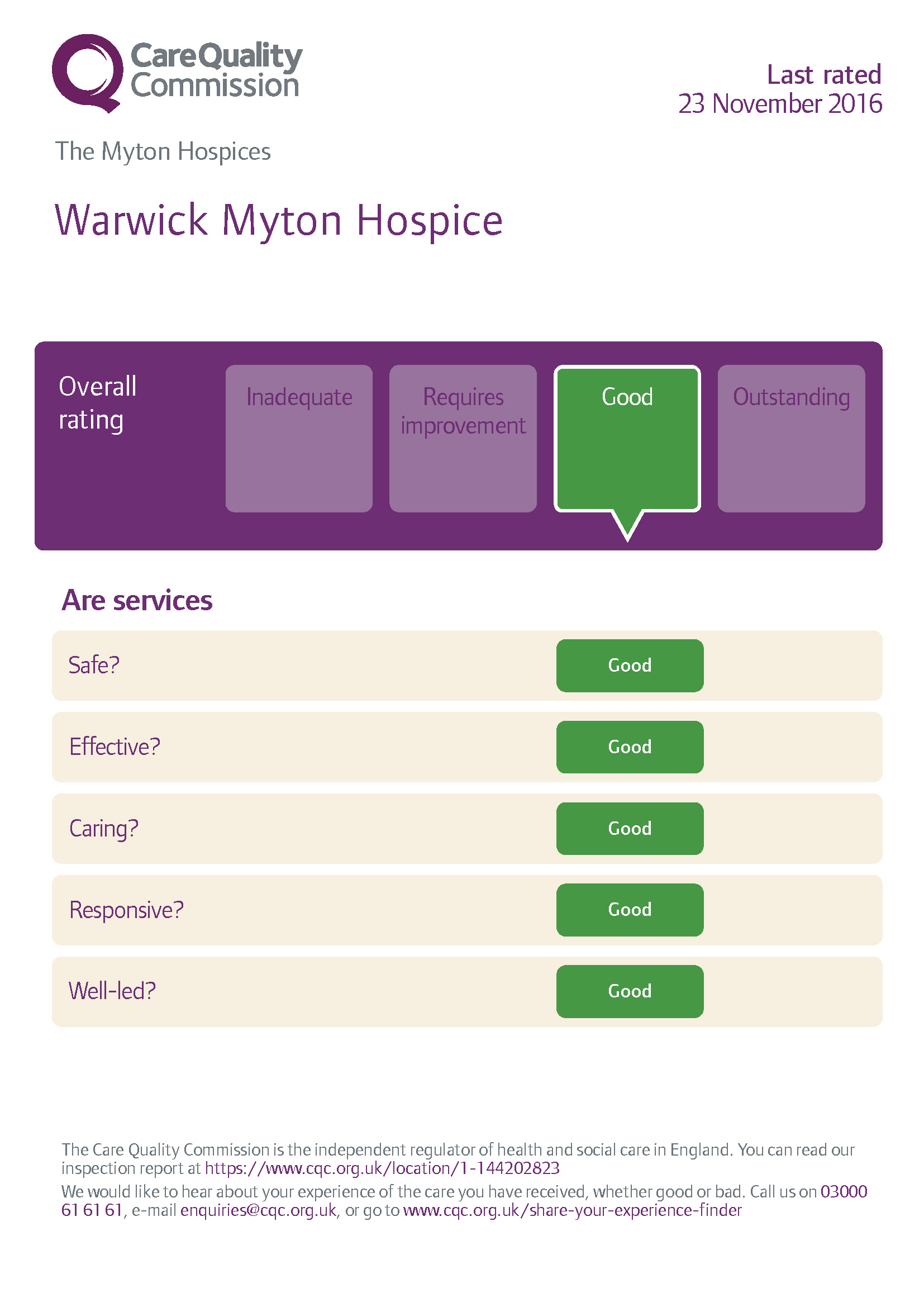 The Myton Hospices - Warwick Myton Hospice CQC Rating