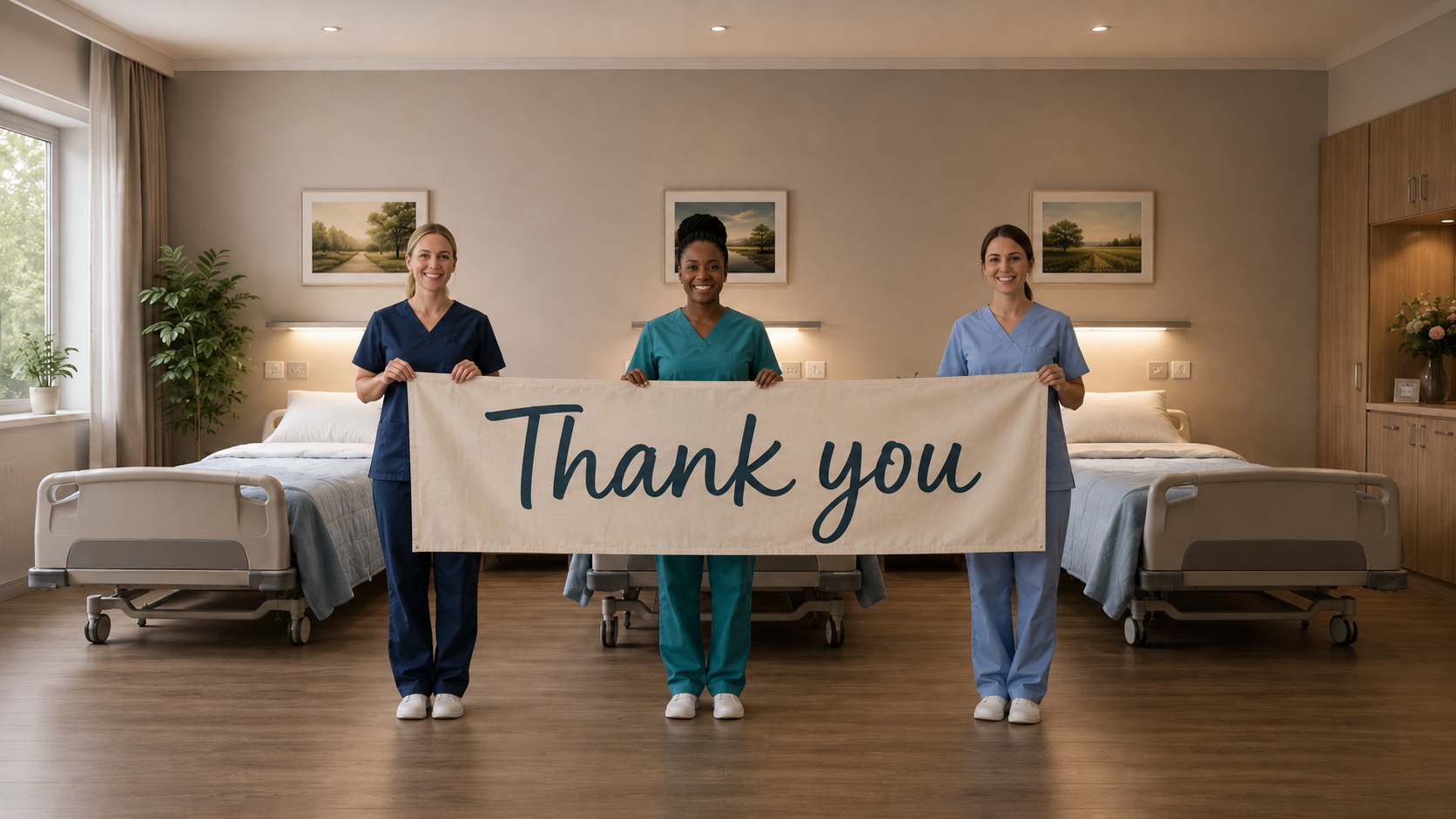 Three nurses standing with three hospice beds and holding a thank you banner
