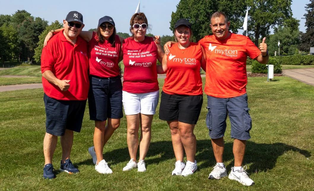 The Myton Hospices - Jason Levy, Holly Kerrigan, Helen Wetton, Jodie Jones and Chris Godber at the Legends Golf Day