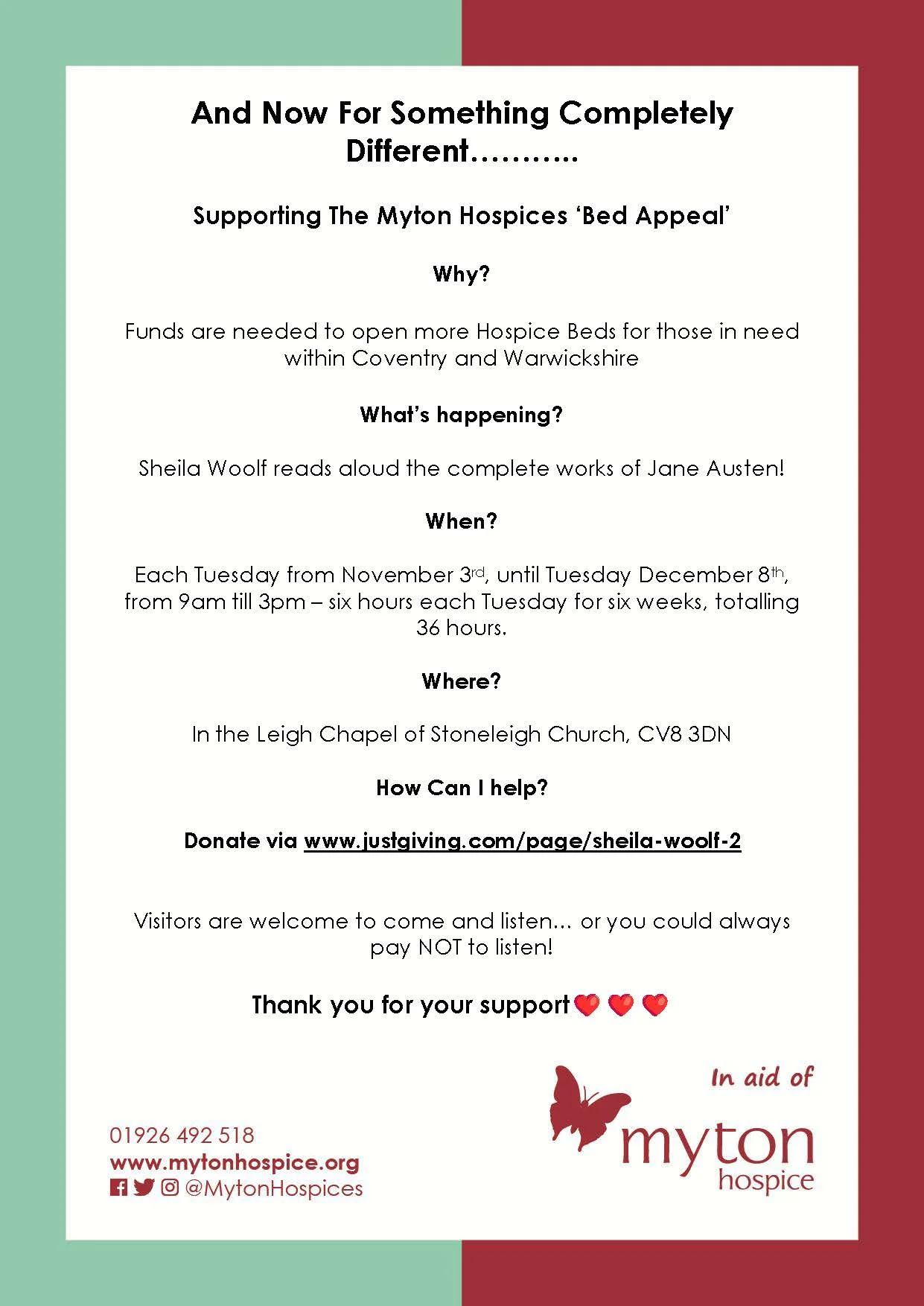 The Myton Hospices - Community Event Poster - Sheila Wolf Reading